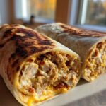 Two halves of an Air Fryer Crispy Chicken Bacon Ranch Wraps showing the filling of shredded chicken, cheese, and creamy sauce.