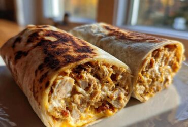 Two halves of an Air Fryer Crispy Chicken Bacon Ranch Wraps showing the filling of shredded chicken, cheese, and creamy sauce.