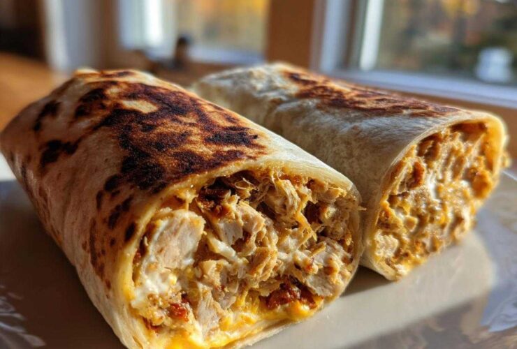 Two halves of an Air Fryer Crispy Chicken Bacon Ranch Wraps showing the filling of shredded chicken, cheese, and creamy sauce.