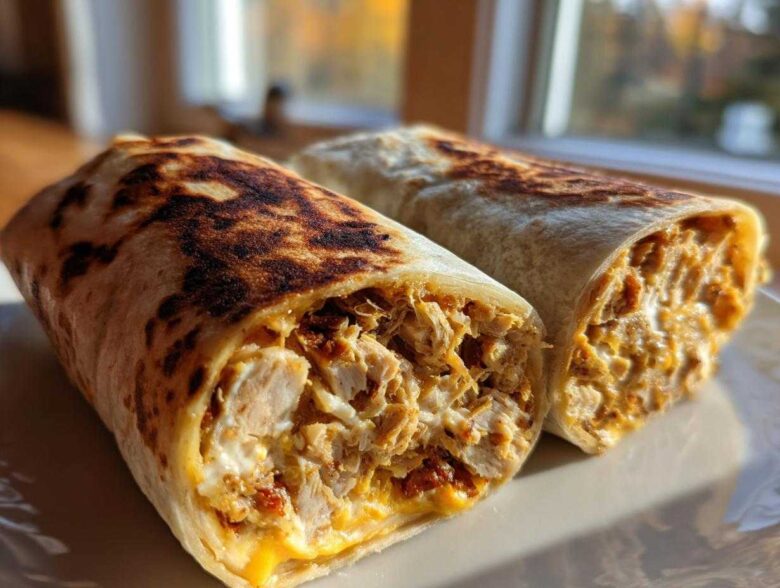 Two halves of an Air Fryer Crispy Chicken Bacon Ranch Wraps showing the filling of shredded chicken, cheese, and creamy sauce.