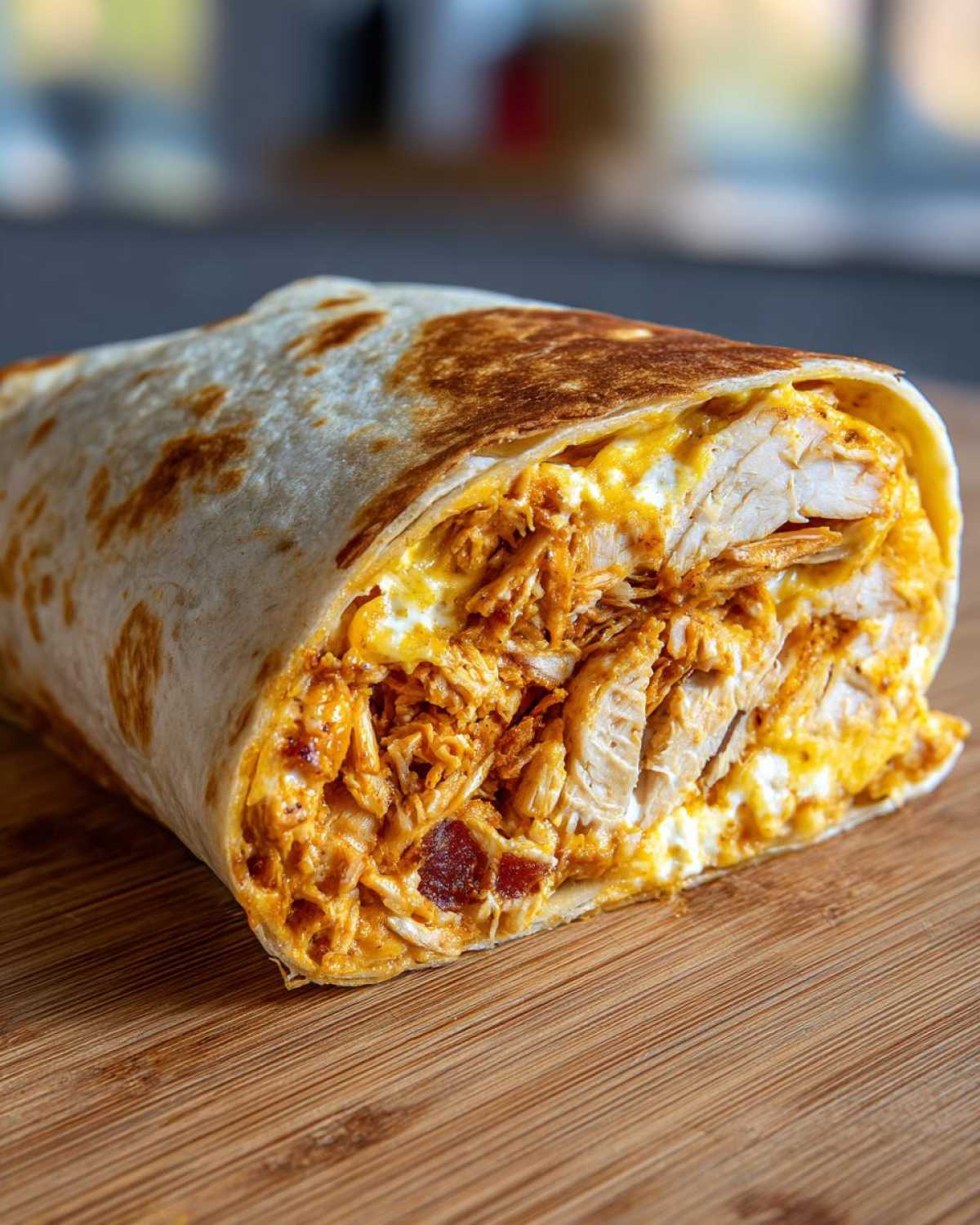 Close-up of a toasted wrap filled with shredded chicken, bacon, and ranch sauce for Air Fryer Crispy Chicken Bacon Ranch Wraps.