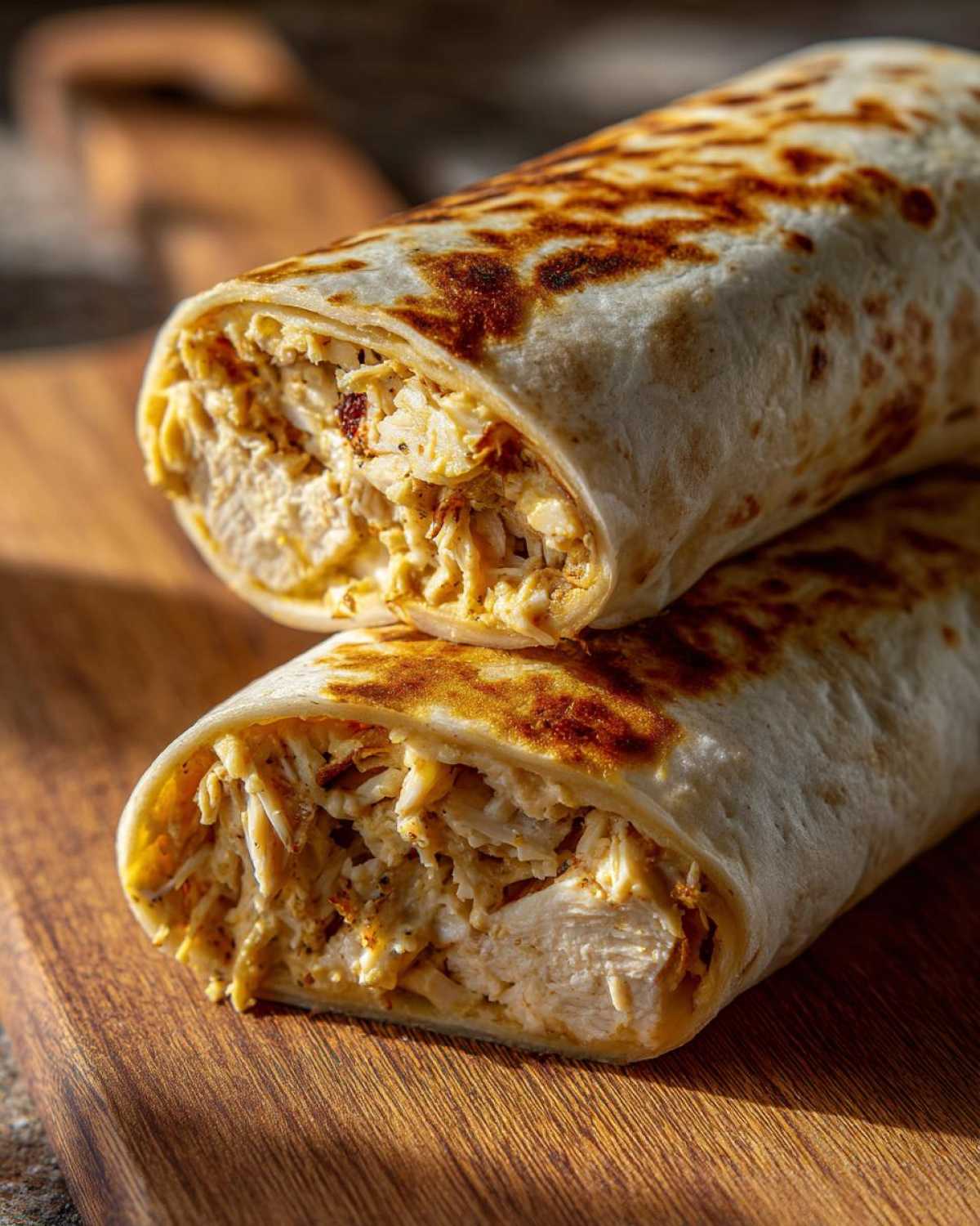 Close-up of two Air Fryer Crispy Chicken Bacon Ranch Wraps stacked on a wooden board, showing shredded chicken filling.