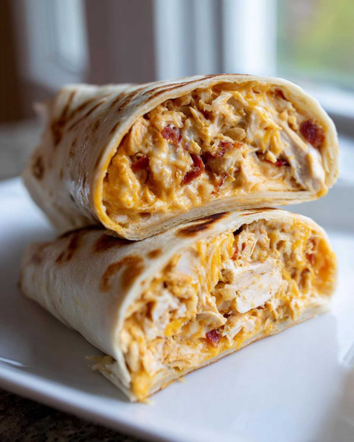 A close-up of Air Fryer Crispy Chicken Bacon Ranch Wraps cut in half, showing creamy filling.