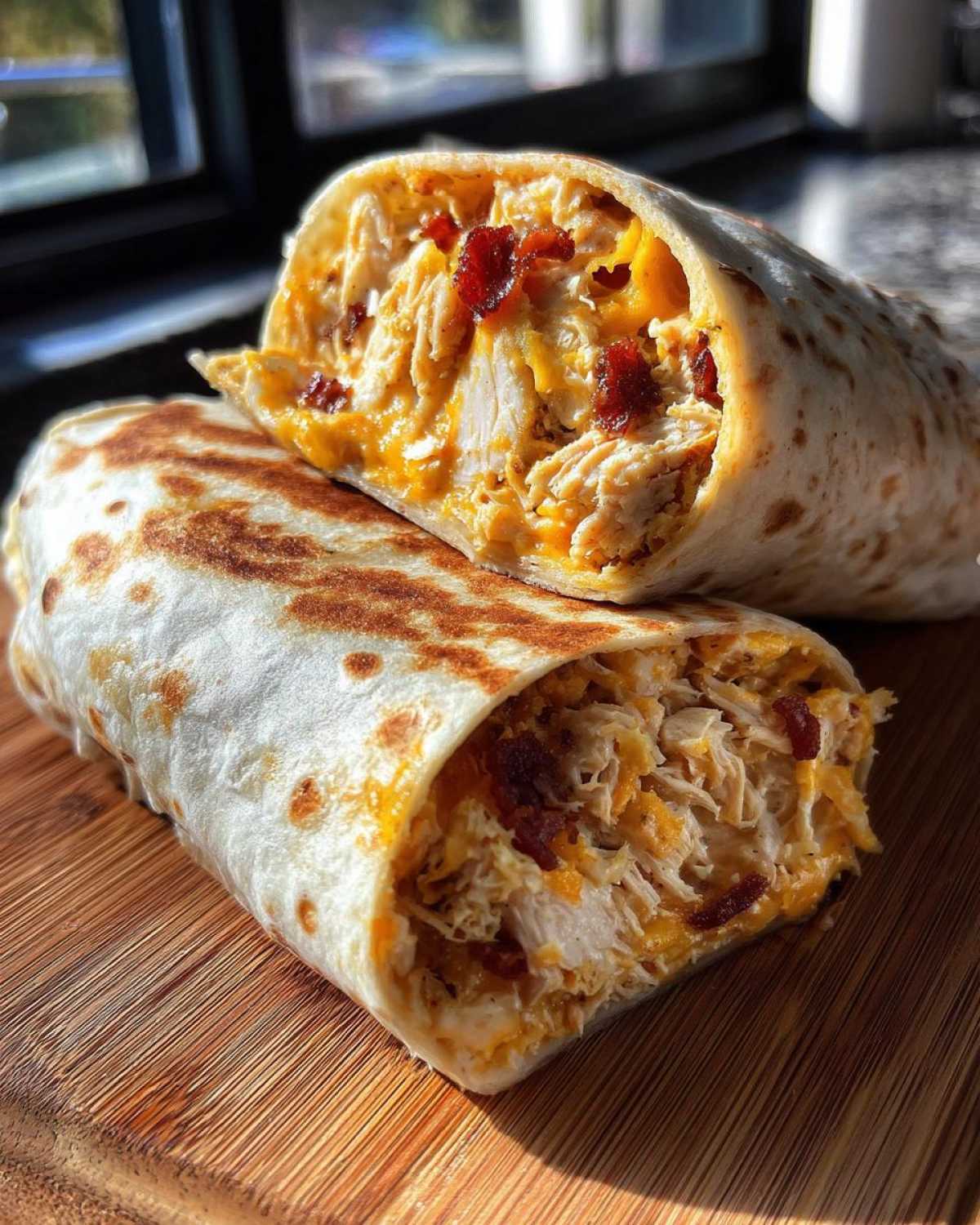 Close-up of Air Fryer Crispy Chicken Bacon Ranch Wraps cut in half, showing shredded chicken, cheese, and bacon filling.