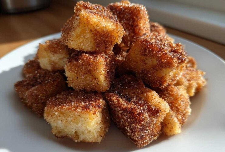 A pile of golden Air Fryer Crispy Cinnamon Sugar Biscuit Bites coated heavily in cinnamon sugar.