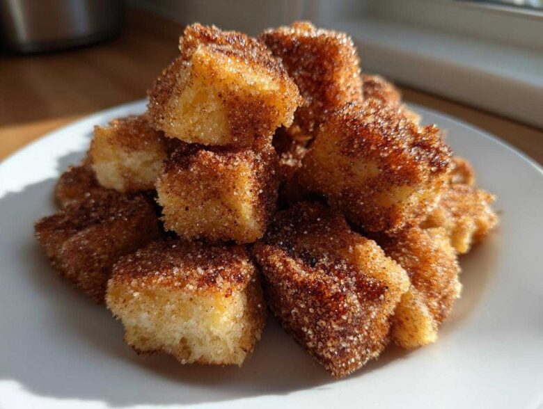 A pile of golden Air Fryer Crispy Cinnamon Sugar Biscuit Bites coated heavily in cinnamon sugar.