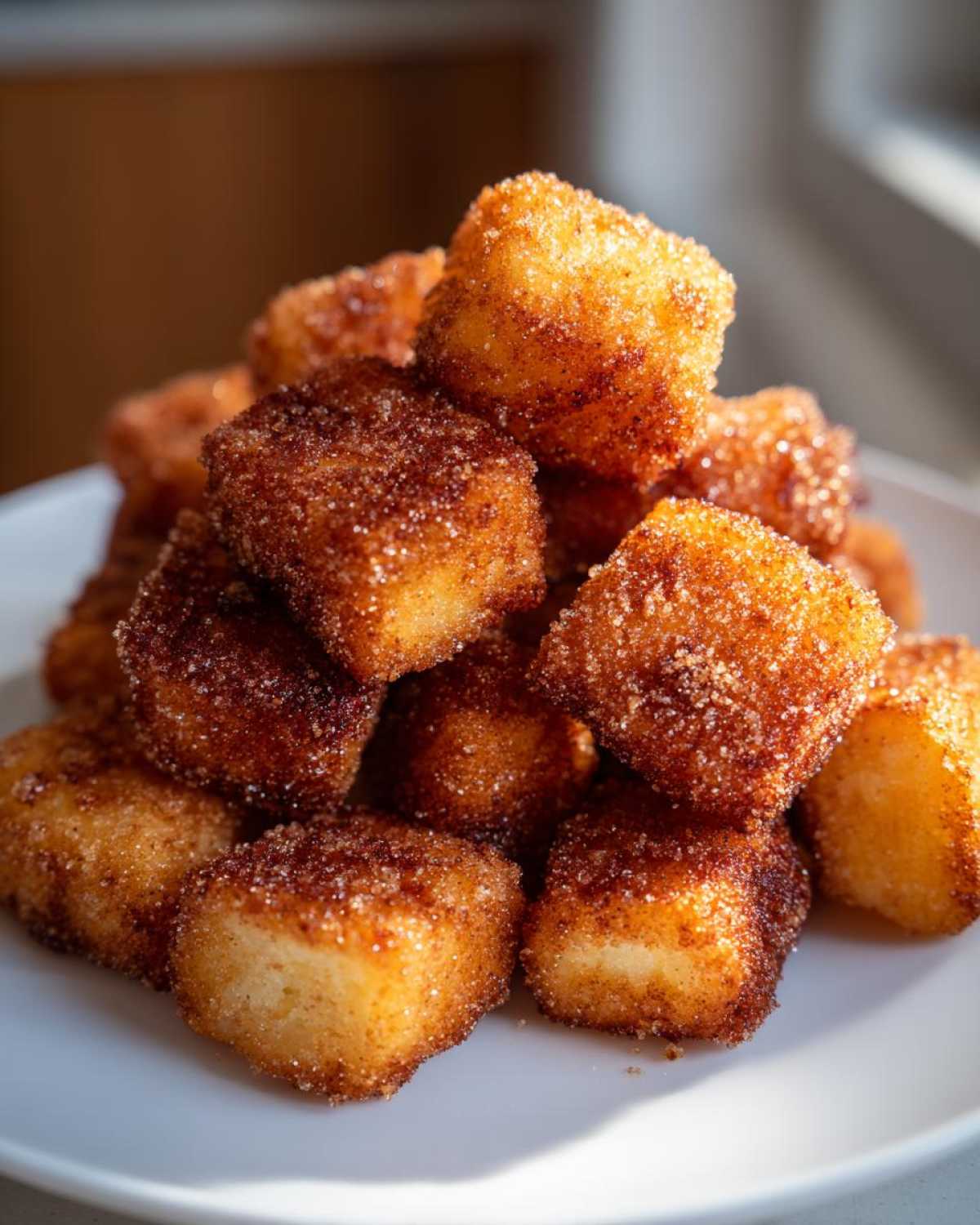 A close-up pile of golden brown Air Fryer Crispy Cinnamon Sugar Biscuit Bites coated heavily in sparkling cinnamon sugar.