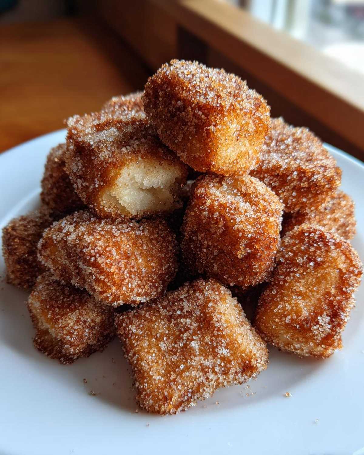 A close-up stack of golden brown Air Fryer Crispy Cinnamon Sugar Biscuit Bites heavily coated in sparkling sugar.