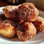A close-up of several Air Fryer Crispy Cinnamon Sugar Pretzel Bites piled on a white plate, heavily coated in sugar.