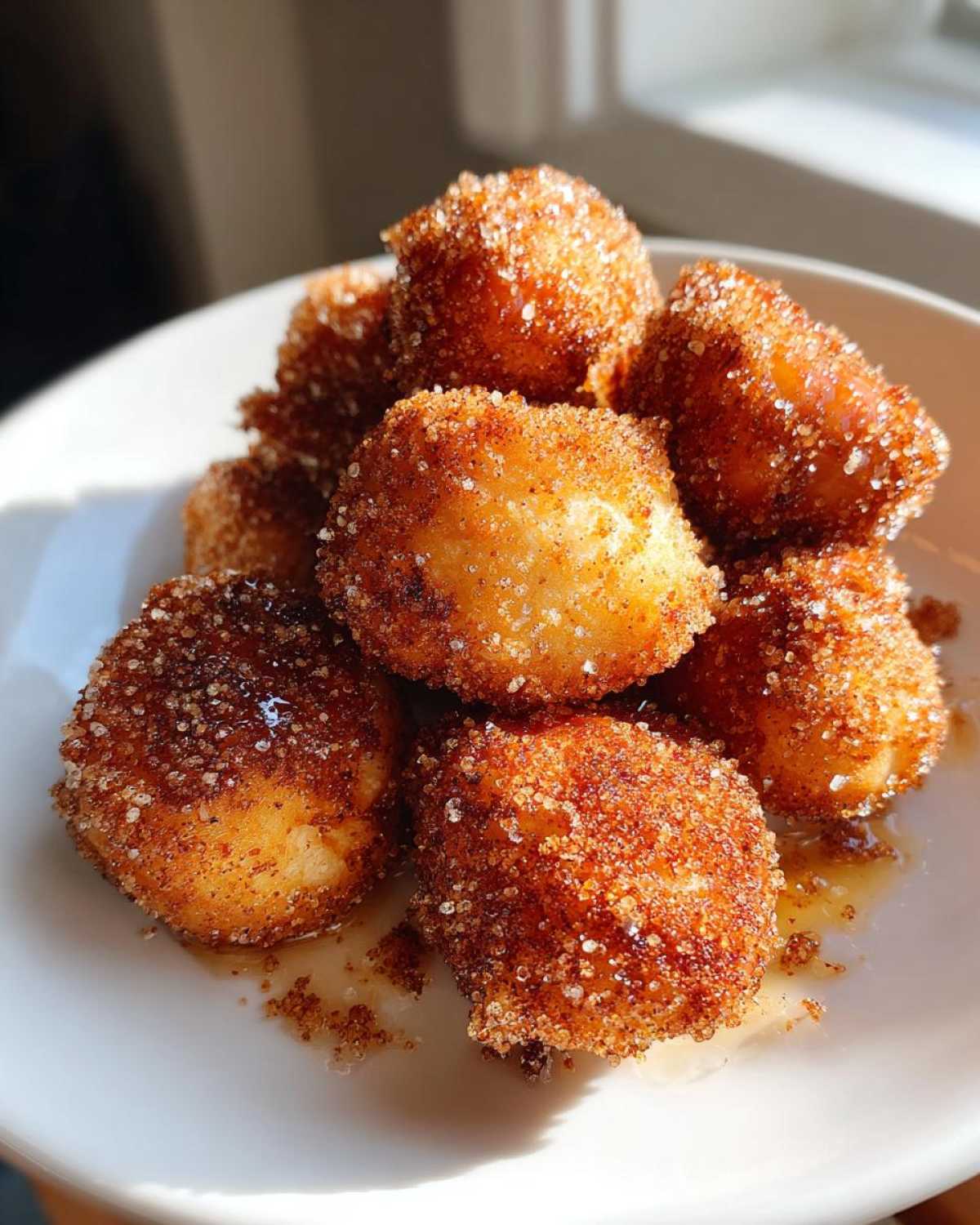 A close-up of golden brown Air Fryer Crispy Cinnamon Sugar Pretzel Bites piled on a white plate, glistening with melted sugar.