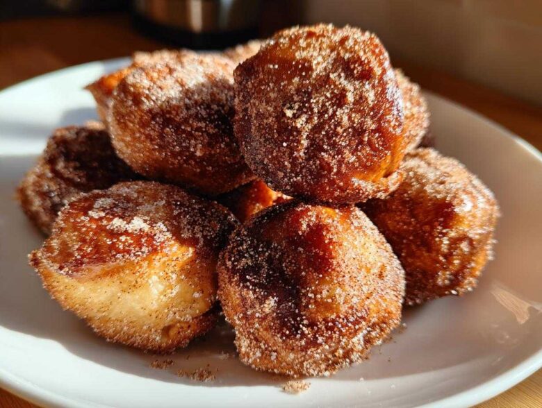 A close-up of several Air Fryer Crispy Cinnamon Sugar Pretzel Bites piled on a white plate, heavily coated in sugar.