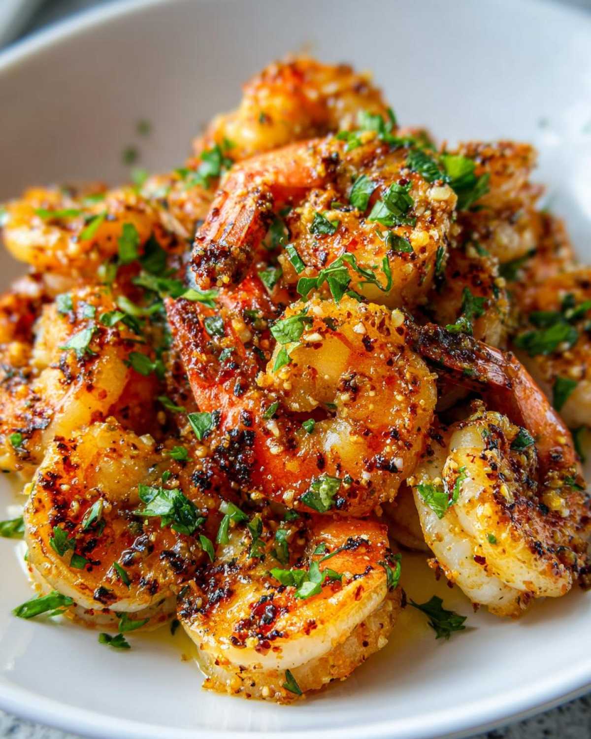 Close-up of juicy Air Fryer Crispy Garlic Butter Shrimp coated in spices and fresh parsley.