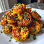 Close-up of a pile of Air Fryer Crispy Garlic Butter Shrimp, coated in spices and topped with fresh parsley.