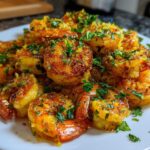 Close-up of golden, crispy Air Fryer Crispy Garlic Butter Shrimp piled high on a white plate, garnished with parsley.