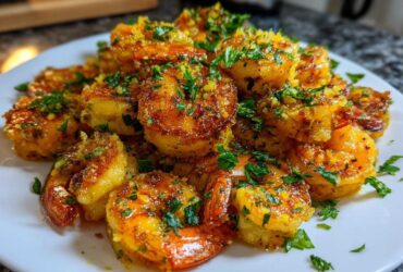 Close-up of golden, crispy Air Fryer Crispy Garlic Butter Shrimp piled high on a white plate, garnished with parsley.