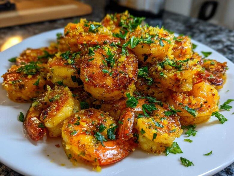 Close-up of golden, crispy Air Fryer Crispy Garlic Butter Shrimp piled high on a white plate, garnished with parsley.