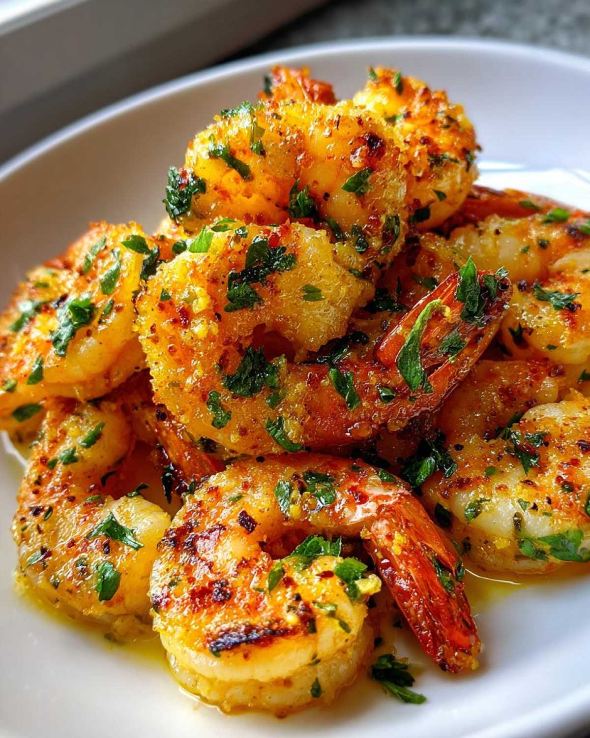 Close-up of golden, crispy Air Fryer Crispy Garlic Butter Shrimp seasoned with parsley and butter.