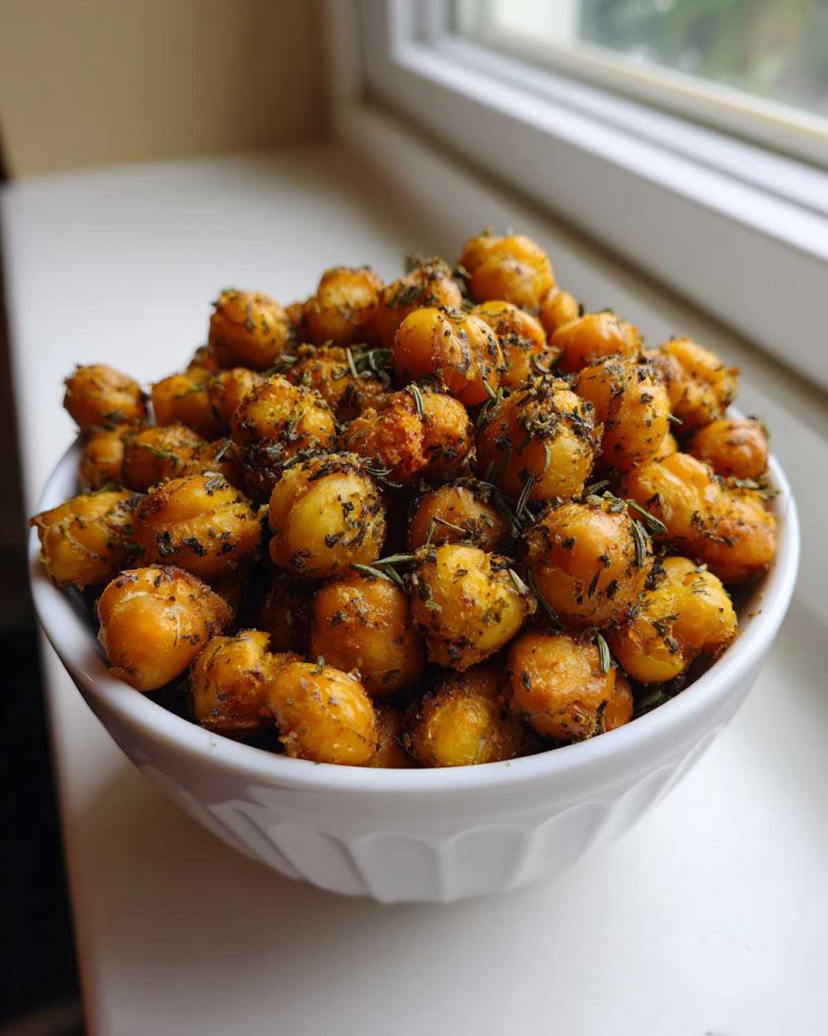 A white bowl overflowing with golden, crispy Air Fryer Crispy Garlic Herb Chickpeas seasoned with visible herbs.