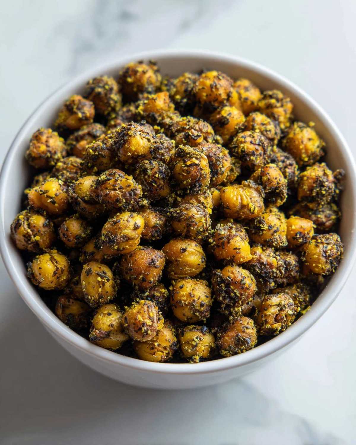 A white bowl filled with golden brown, crispy Air Fryer Crispy Garlic Herb Chickpeas heavily coated in dark herbs and seasoning.