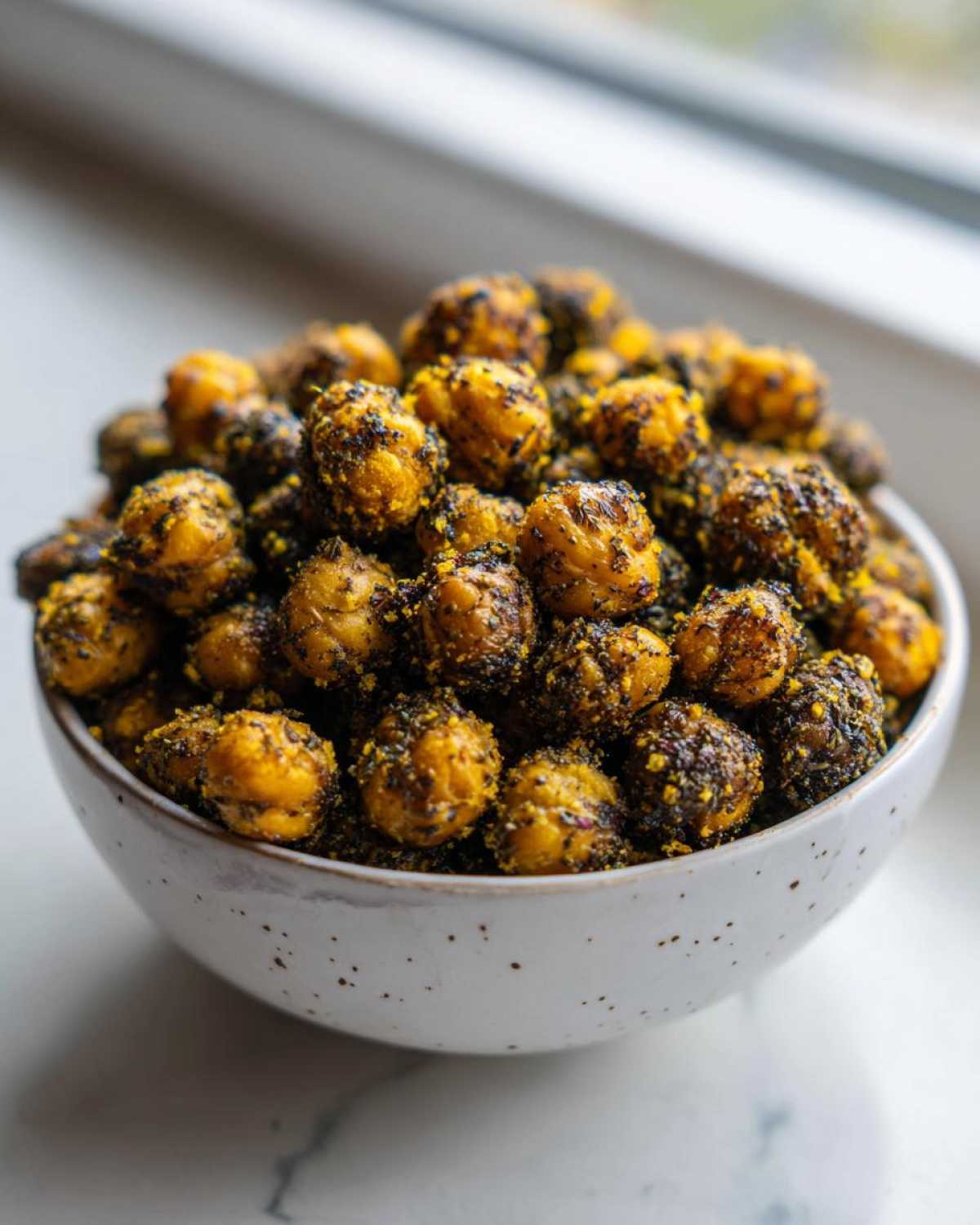 Close-up of a white speckled bowl filled with Air Fryer Crispy Garlic Herb Chickpeas coated in dark seasoning.