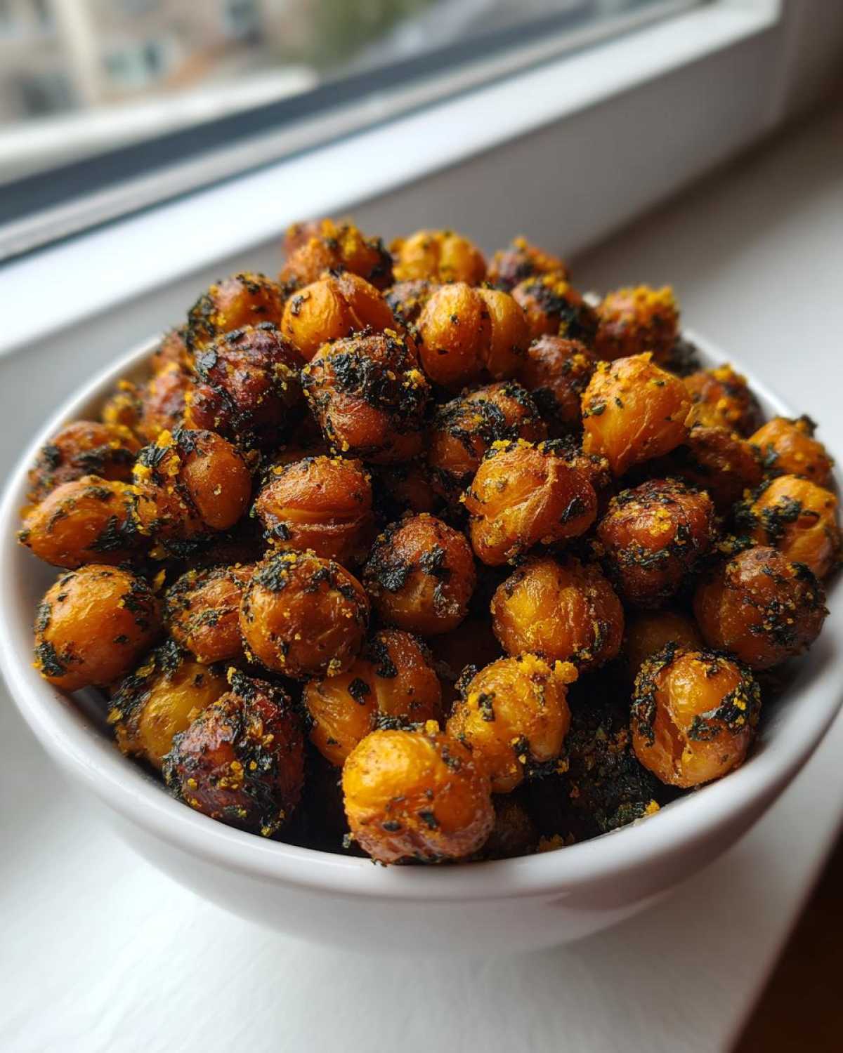 A white bowl filled with golden brown, crispy Air Fryer Crispy Garlic Herb Chickpeas seasoned with dark green herbs.