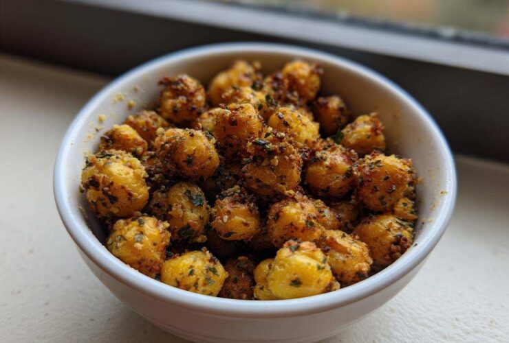 A white bowl filled with golden brown Air Fryer Crispy Garlic Herb Chickpeas coated in seasoning.