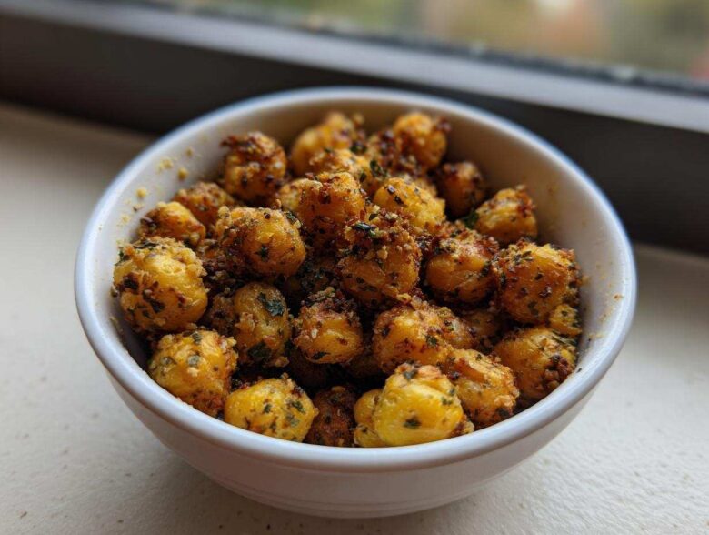 A white bowl filled with golden brown Air Fryer Crispy Garlic Herb Chickpeas coated in seasoning.