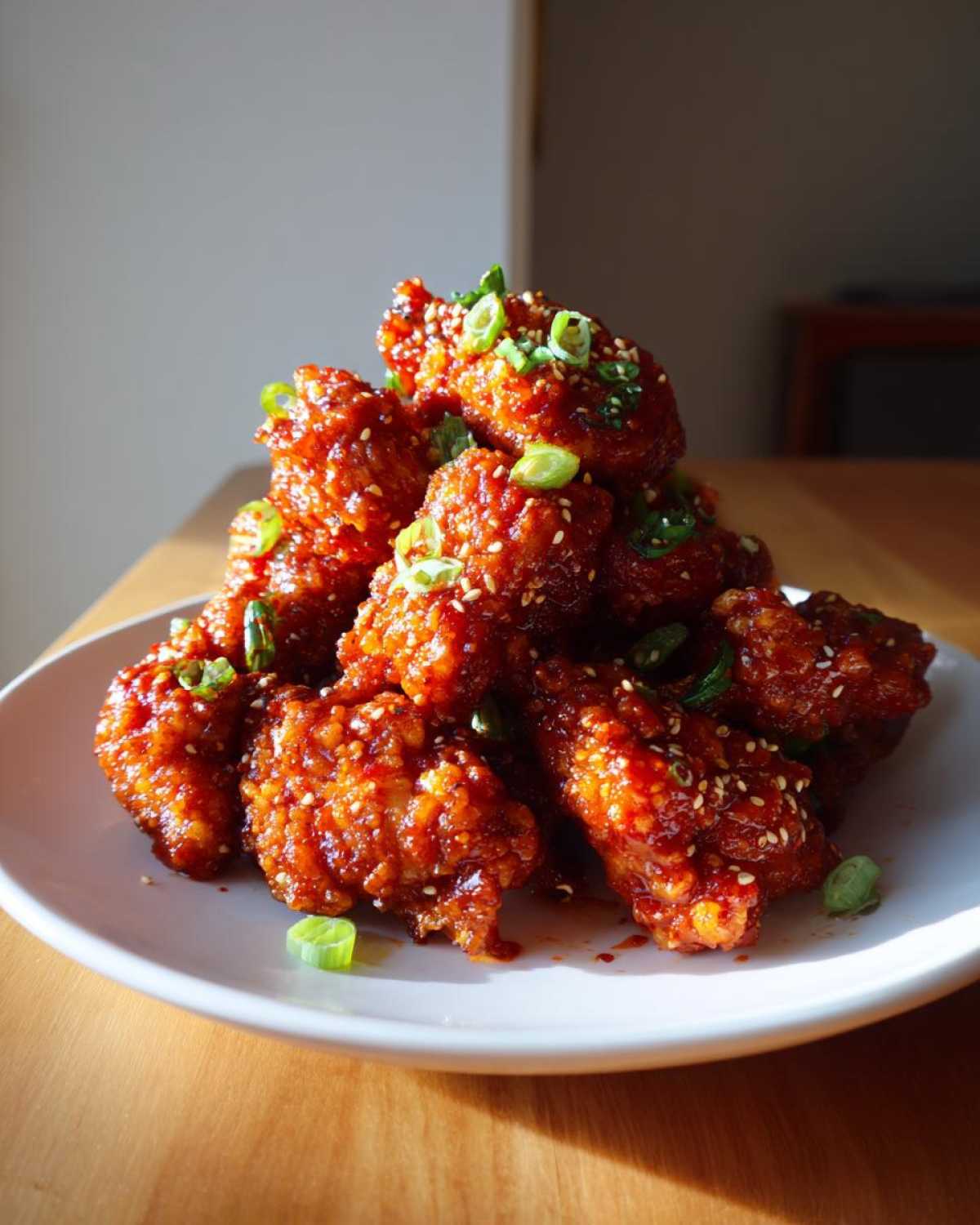 A stack of glossy, red-glazed Air Fryer Crispy Korean Chicken Bites garnished with sesame seeds and green onions.