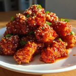A mound of sticky, glazed Air Fryer Crispy Korean Chicken Bites topped with sesame seeds and green onions.