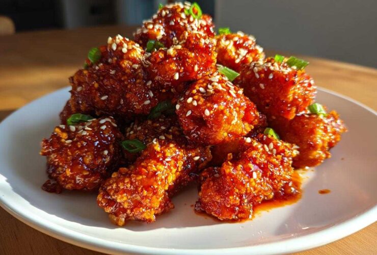A mound of sticky, glazed Air Fryer Crispy Korean Chicken Bites topped with sesame seeds and green onions.