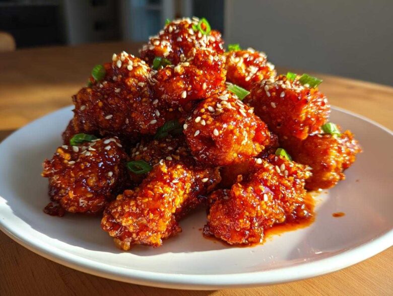 A mound of sticky, glazed Air Fryer Crispy Korean Chicken Bites topped with sesame seeds and green onions.