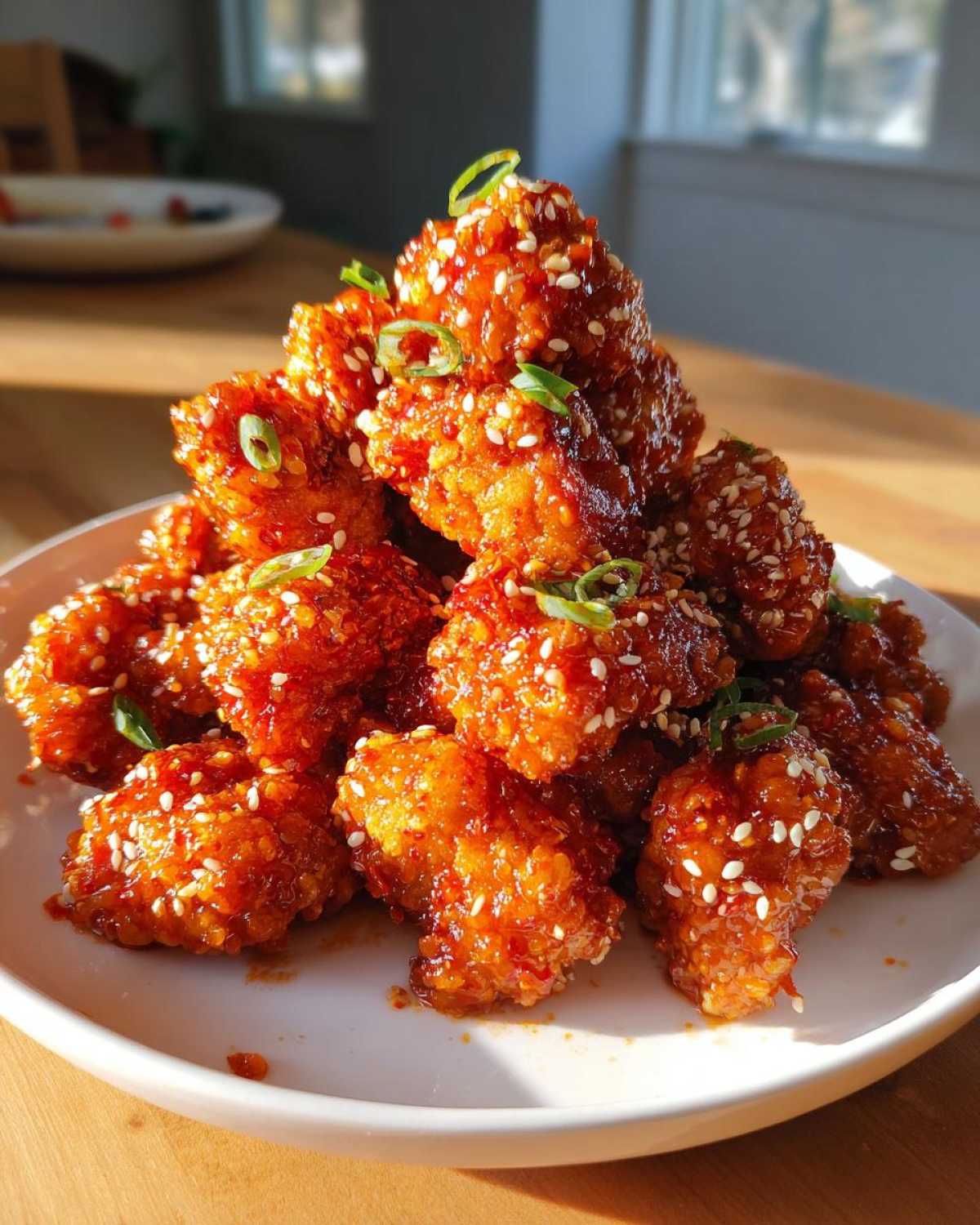 A mound of glossy, saucy Air Fryer Crispy Korean Chicken Bites topped with sesame seeds and green onions.