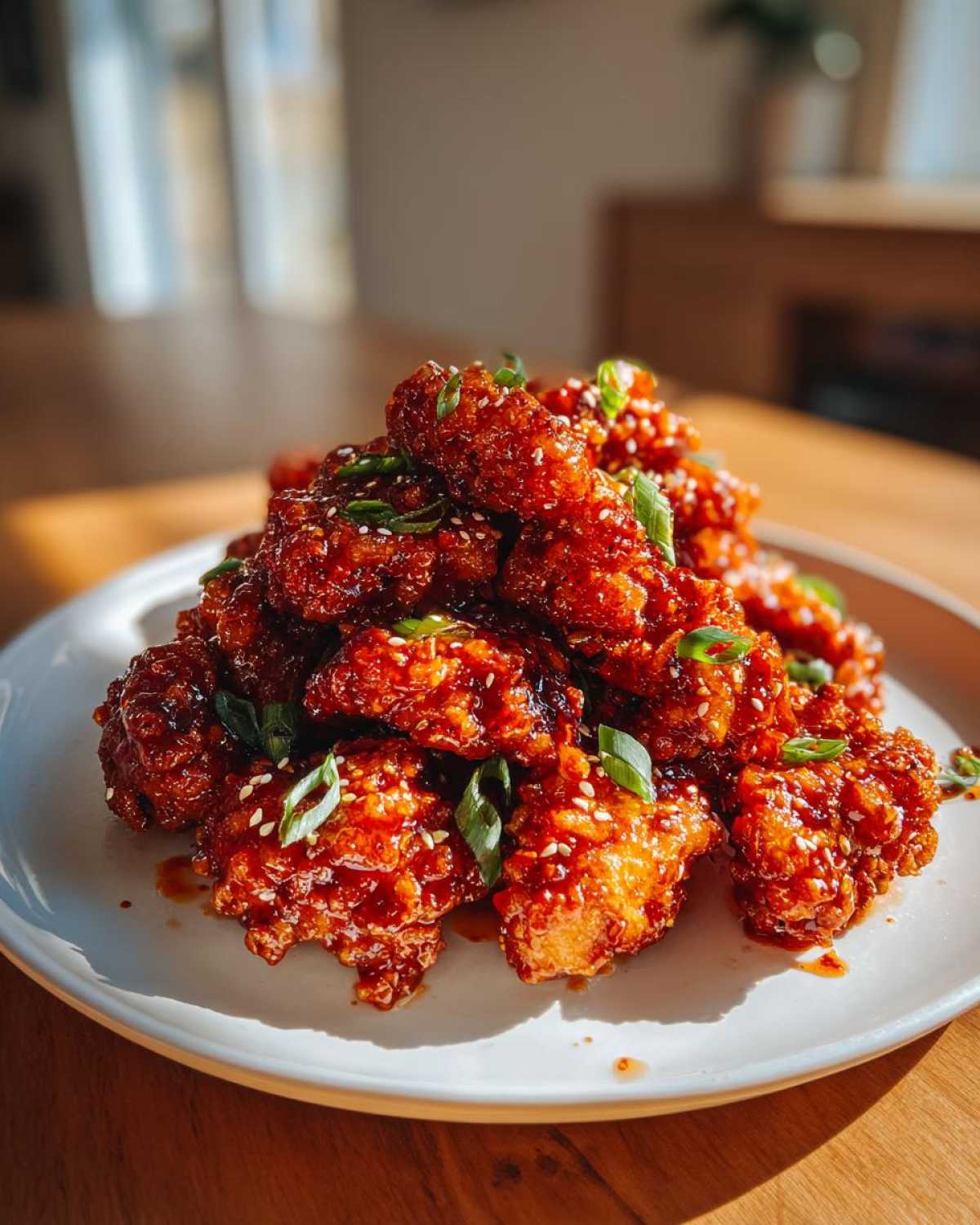 A mound of glossy, saucy Air Fryer Crispy Korean Chicken Bites garnished with sesame seeds and green onions on a white plate.