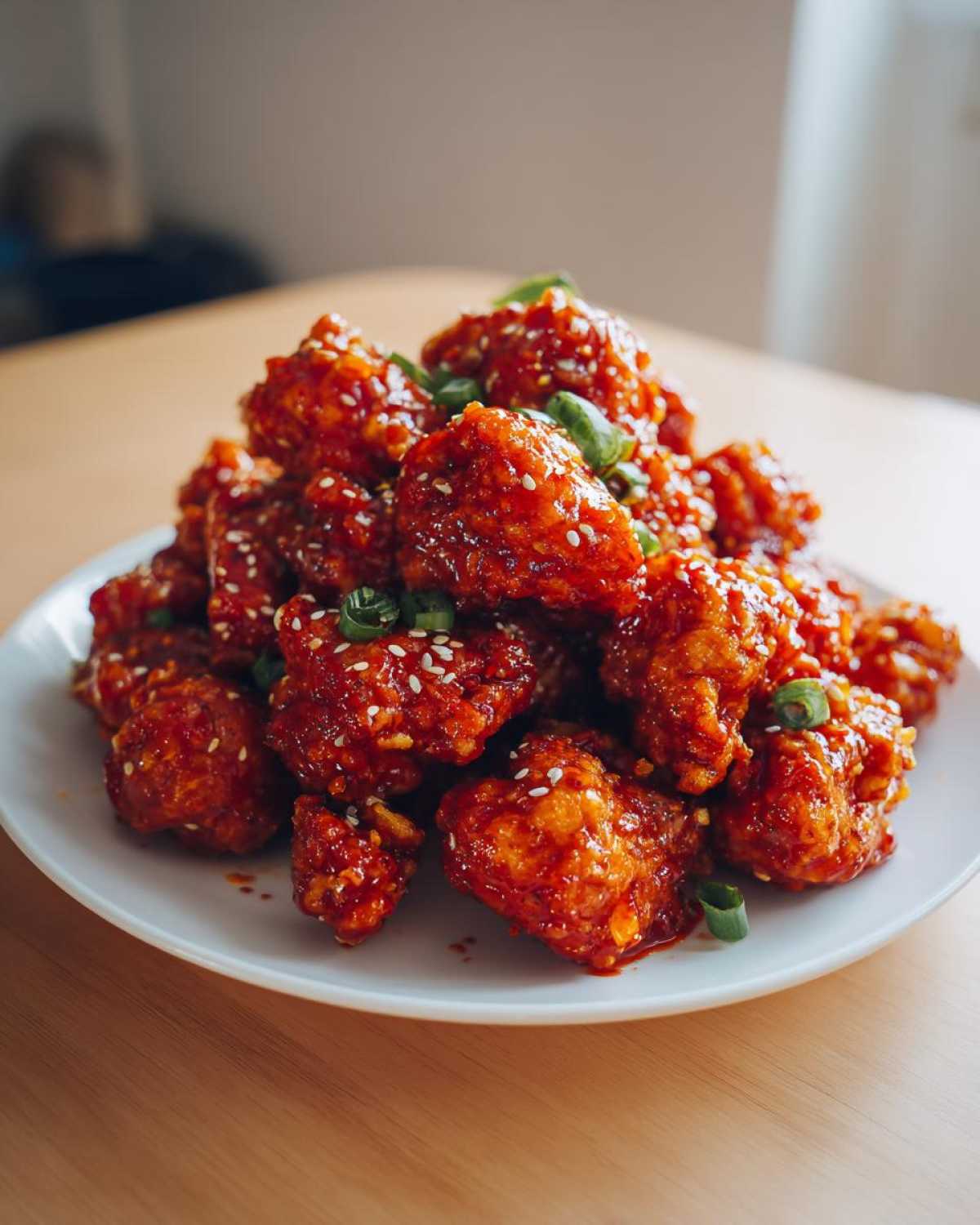 A mound of glossy, red-glazed Air Fryer Crispy Korean Chicken Bites topped with sesame seeds and green onions.