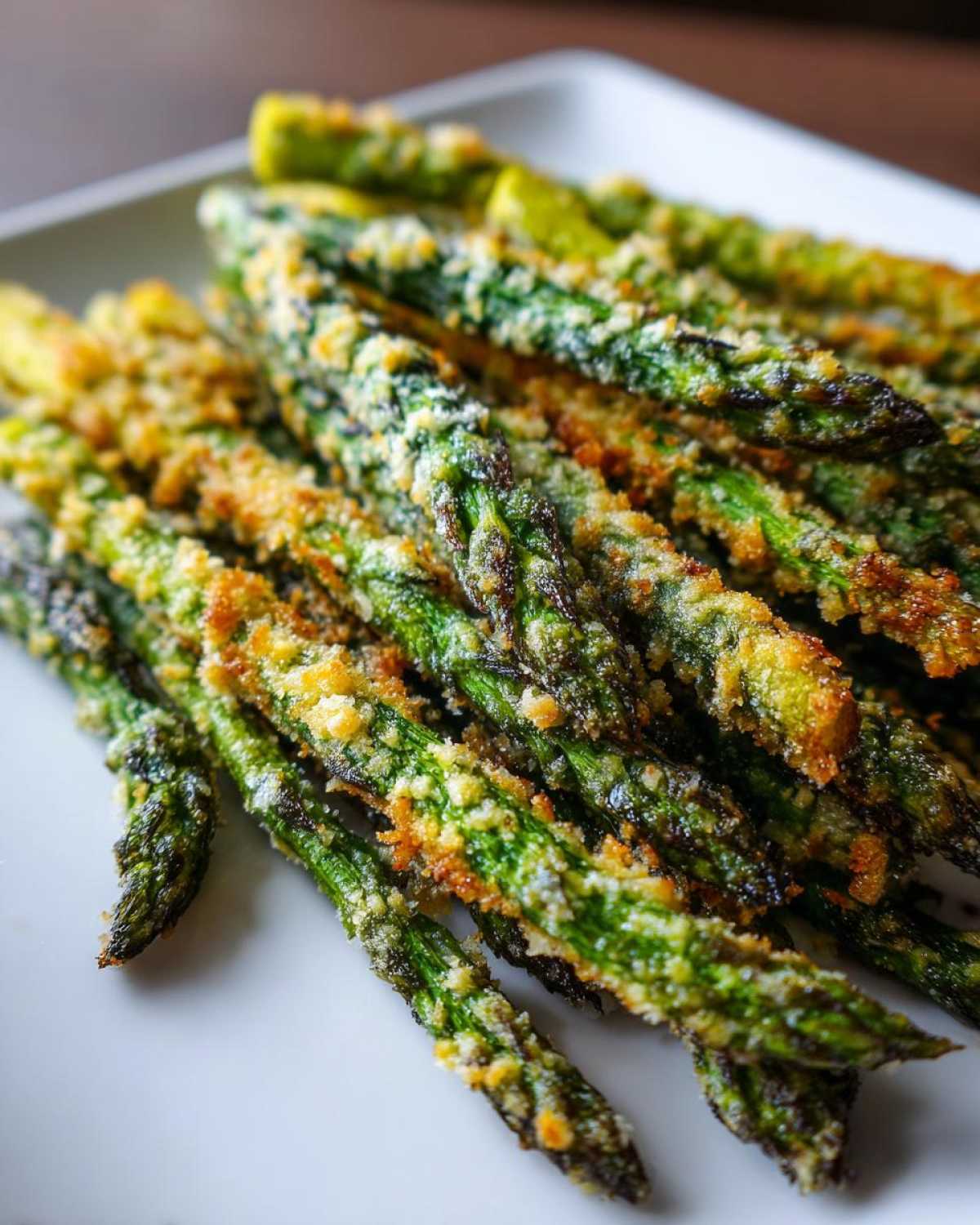Close-up of cooked Air Fryer Crispy Parmesan Asparagus Fries piled on a white plate.