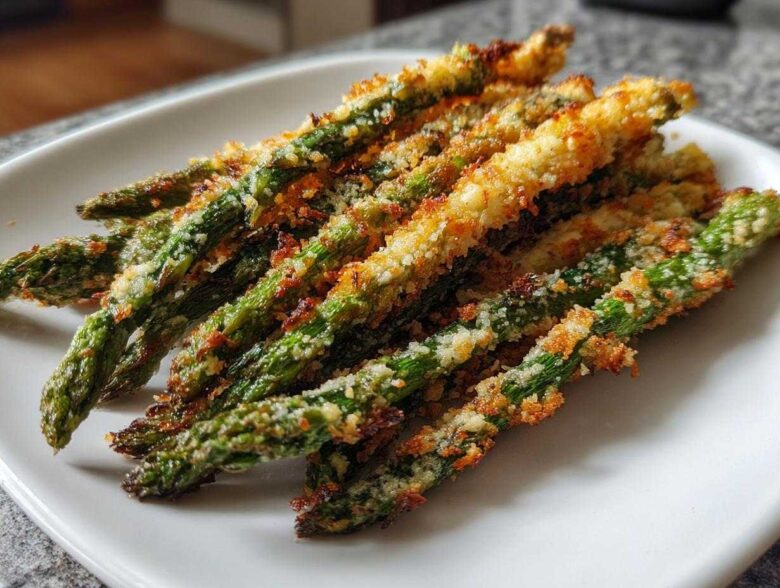 Close-up of golden brown Air Fryer Crispy Parmesan Asparagus Fries stacked on a white plate.