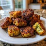 A pile of golden brown Air Fryer Crispy Parmesan Broccoli Tots on a white plate, one is broken open showing the green interior.