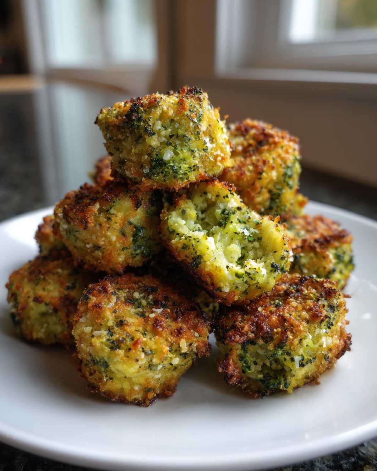A stack of golden brown, crispy Air Fryer Crispy Parmesan Broccoli Tots on a white plate.