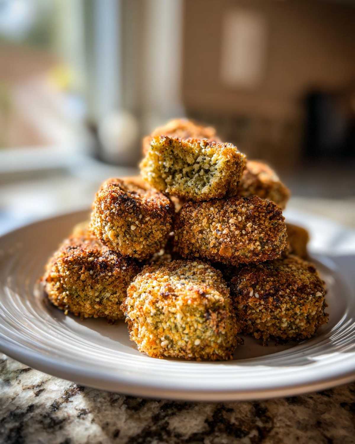 A stack of golden brown Air Fryer Crispy Parmesan Broccoli Tots piled on a white plate, one is broken open showing the green interior.