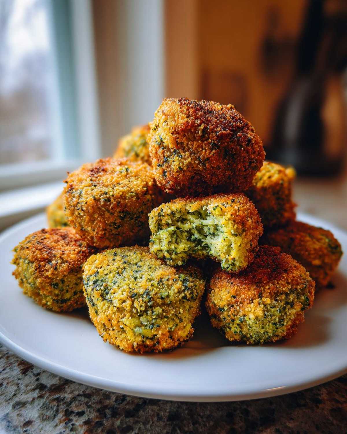 A stack of golden brown Air Fryer Crispy Parmesan Broccoli Tots, one is broken open showing the green interior.