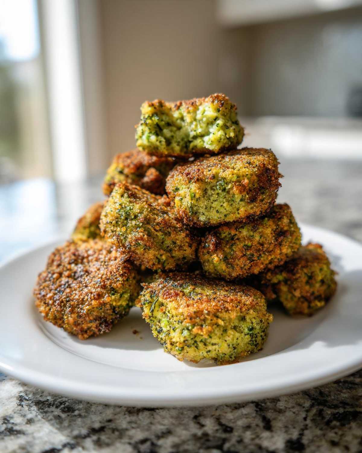 A stack of golden brown Air Fryer Crispy Parmesan Broccoli Tots piled high on a white plate.