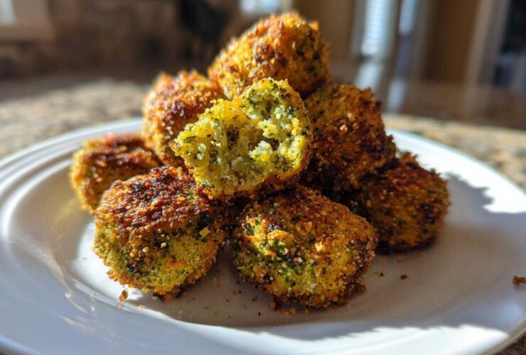 A stack of golden brown Air Fryer Crispy Parmesan Broccoli Tots on a white plate, one is broken open showing the green interior.