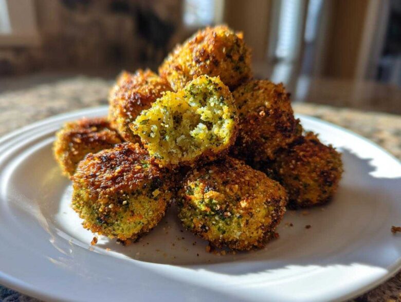 A stack of golden brown Air Fryer Crispy Parmesan Broccoli Tots on a white plate, one is broken open showing the green interior.