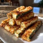 A stack of golden brown Air Fryer Crispy Parmesan Crusted Zucchini Spears piled high on a white plate.