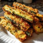 A stack of golden brown Air Fryer Crispy Parmesan Crusted Zucchini Spears piled on a white plate.