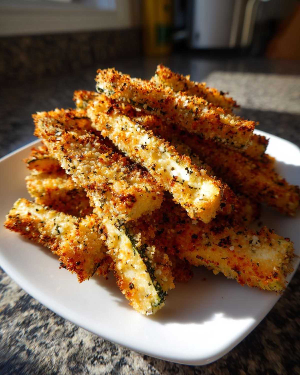A pile of golden brown Air Fryer Crispy Parmesan Crusted Zucchini Spears stacked on a white plate.