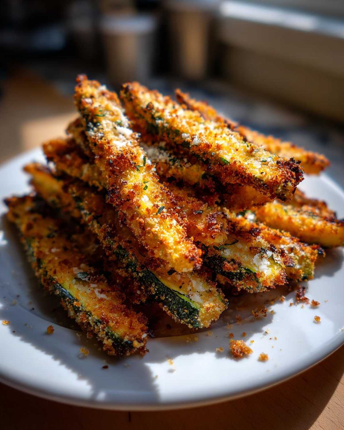 A close-up stack of golden brown Air Fryer Crispy Parmesan Crusted Zucchini Spears on a white plate.