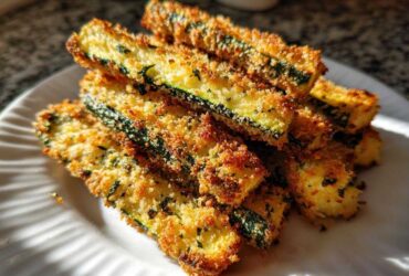 A stack of golden brown Air Fryer Crispy Parmesan Crusted Zucchini Spears piled on a white plate.