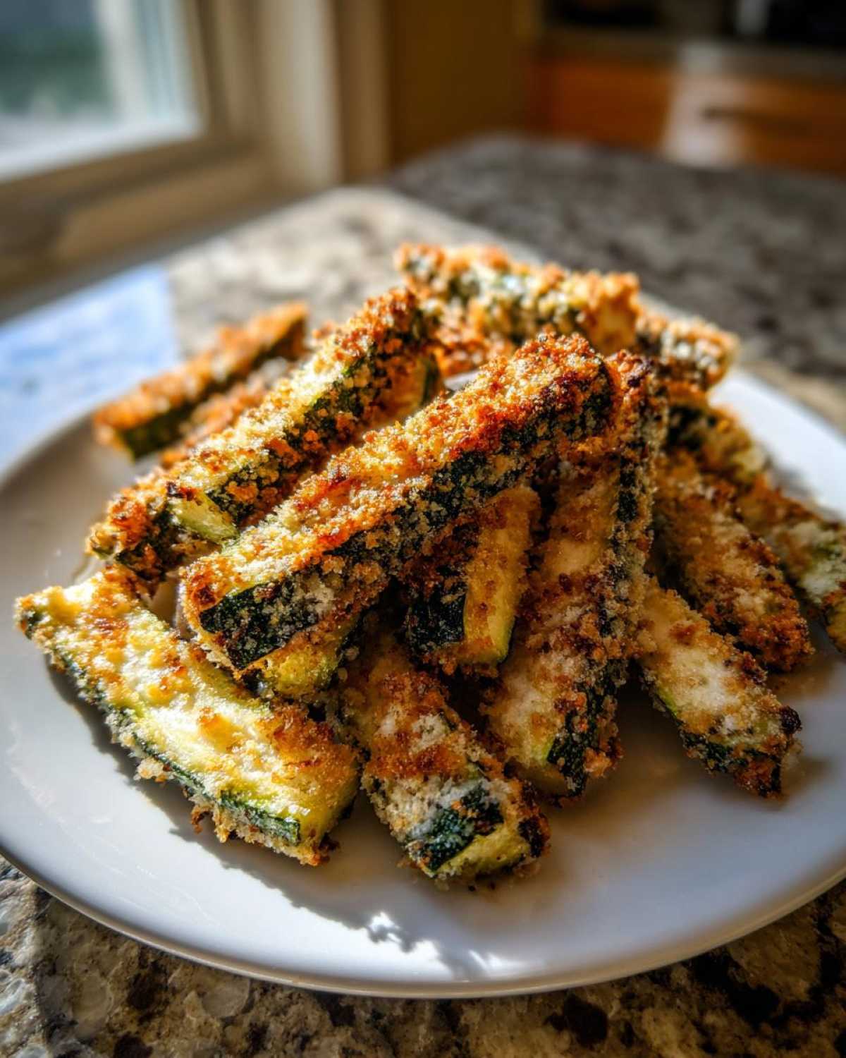 A pile of golden brown Air Fryer Crispy Parmesan Crusted Zucchini Spears served on a white plate.