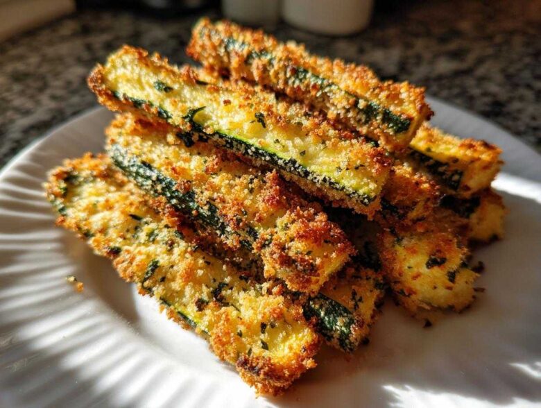 A stack of golden brown Air Fryer Crispy Parmesan Crusted Zucchini Spears piled on a white plate.
